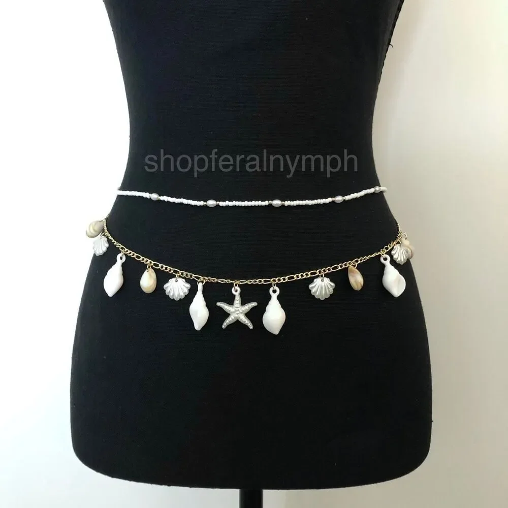 Mermaidcore Gold Shell Starfish Layered Chain Belt, Up to 33.5 Inches, X7GA1156